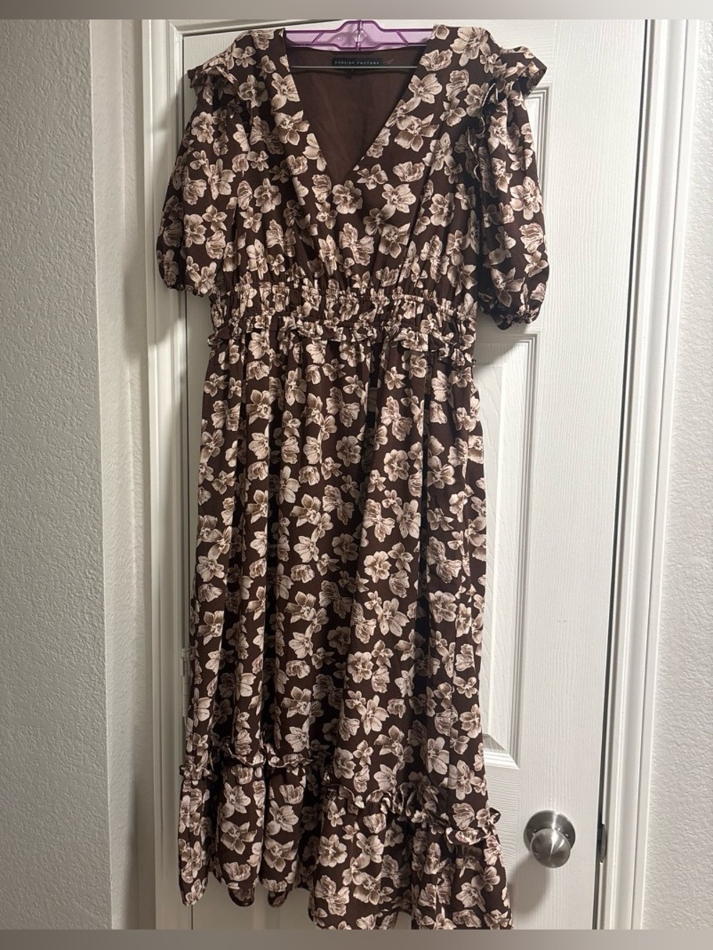 English Factory chocolate brown midi dress pattern Size Large - Picture 1 of 5